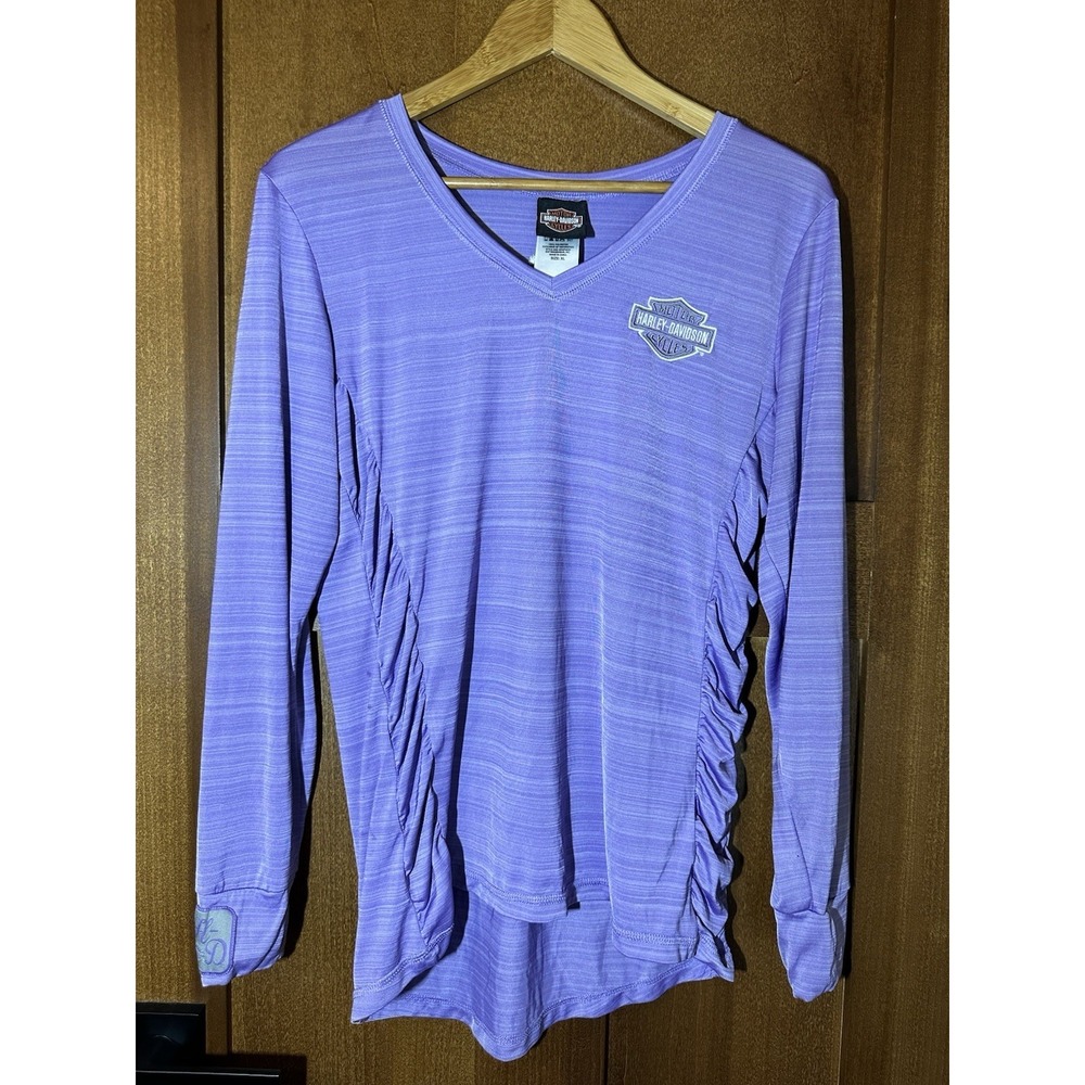 Harley-Davidson Womens XL Purple V Neck Ruched Long Sleeve Logo‎ Top Shirt